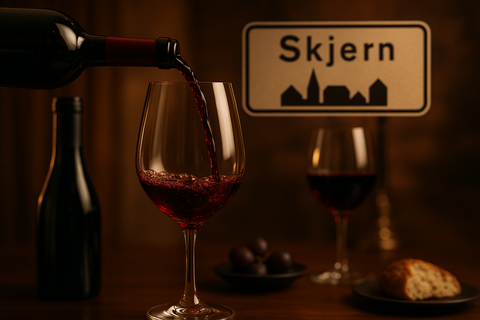 Kan du lave samme billede som du lavede til den eksklusive smagning i Brande. Du må gerne lave det med skjerns byskilt i baggrunden. og hvor der bliver hældt en rødvin og i glas 