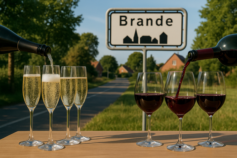Kan du lave et billede på en vinsmagning i Brande med både bobler og rødvin. Det må gerne være så man både kan se bobler og rødvin blive hældt op og med brandes byskilt i baggrunden. 