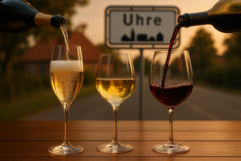 Kan du lave et fedt billede af en vinsmagning med bobler, hvidvin og rødvin. Vinene må gerne blive hældt op i hver deres glas. I baggrunden må der gerne være et byskilt af Uhre